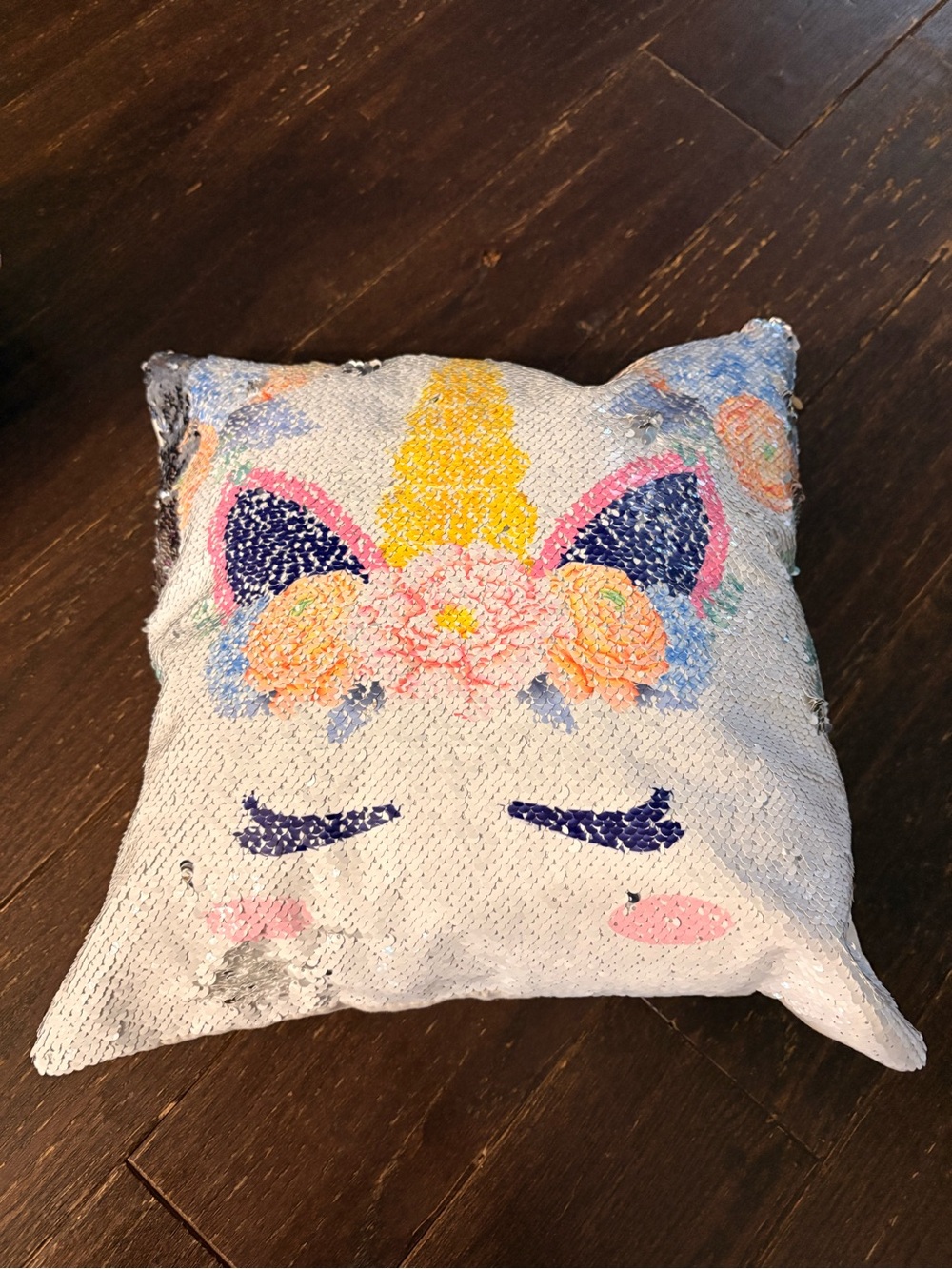 Unicorn Sequin Pillow - Pastel Floral Horn